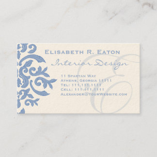 Elegant Blue and Cream Damask Letter E Business Card