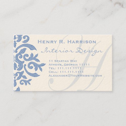 Elegant Blue and Cream Damask Letter H Business Card Template