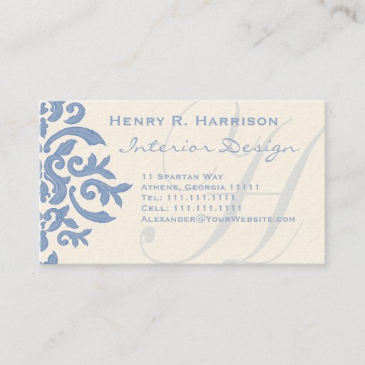 Customizable Elegant Blue and Cream Damask Letter H Business Card Template