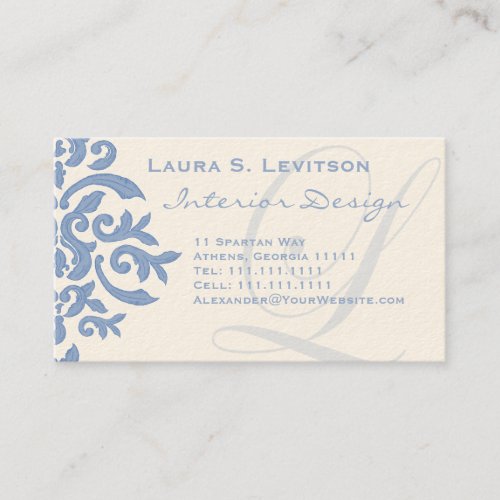 Elegant Blue and Cream Damask Letter L Business Card Template