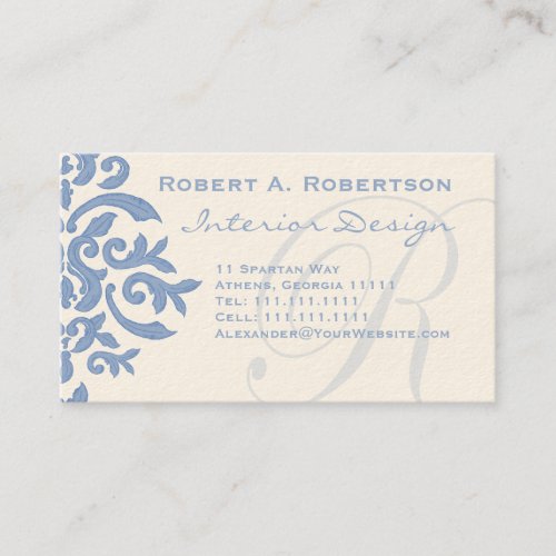 Elegant Blue and Cream Damask Letter R Business Cards