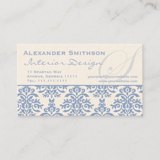 Customizable Elegant Blue and Cream Damask Letter S Business Card Templates
