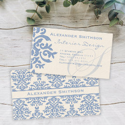 Elegant Blue and Cream Damask Letter S Business Card