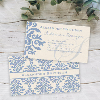 Elegant Blue and Cream Damask Letter S Business Card
