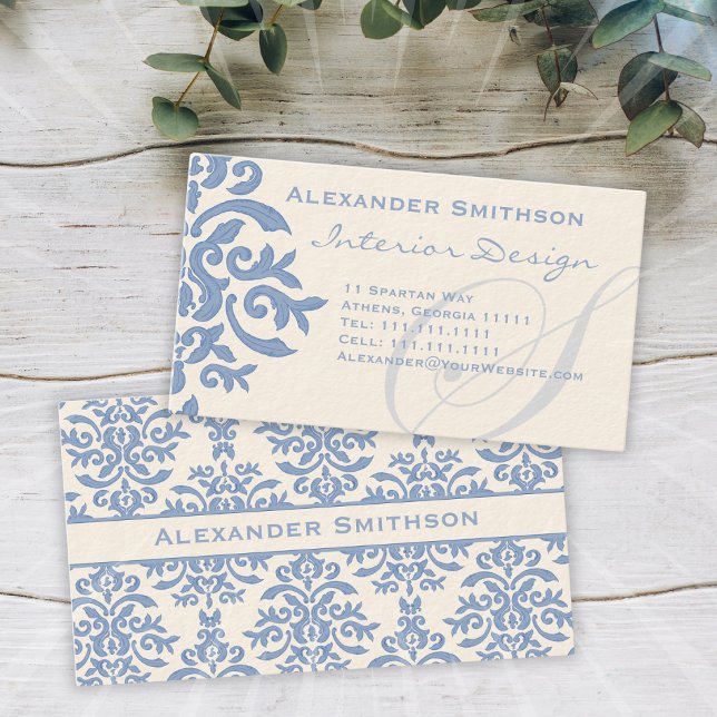 Elegant Blue and Cream Damask Letter S Business Card (Creator Uploaded)