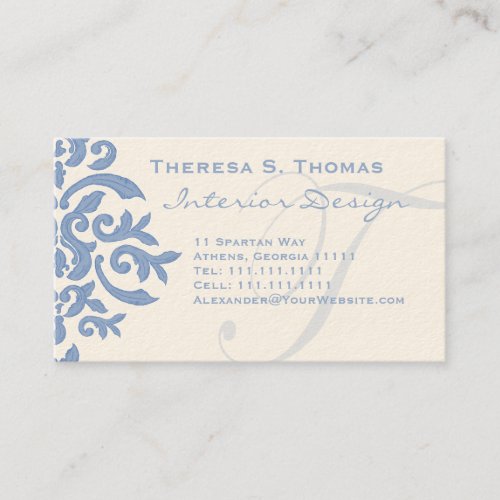 Elegant Blue and Cream Damask Letter T Business Card Template