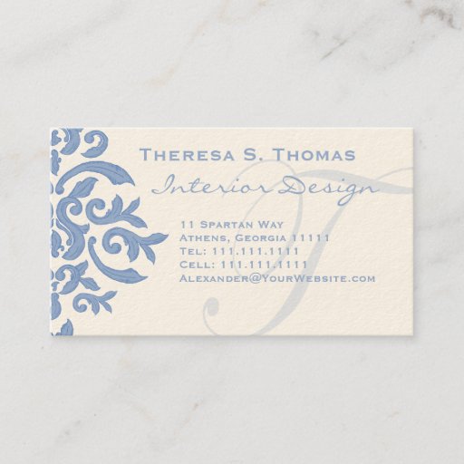 Customizable Elegant Blue and Cream Damask Letter T Business Card Template