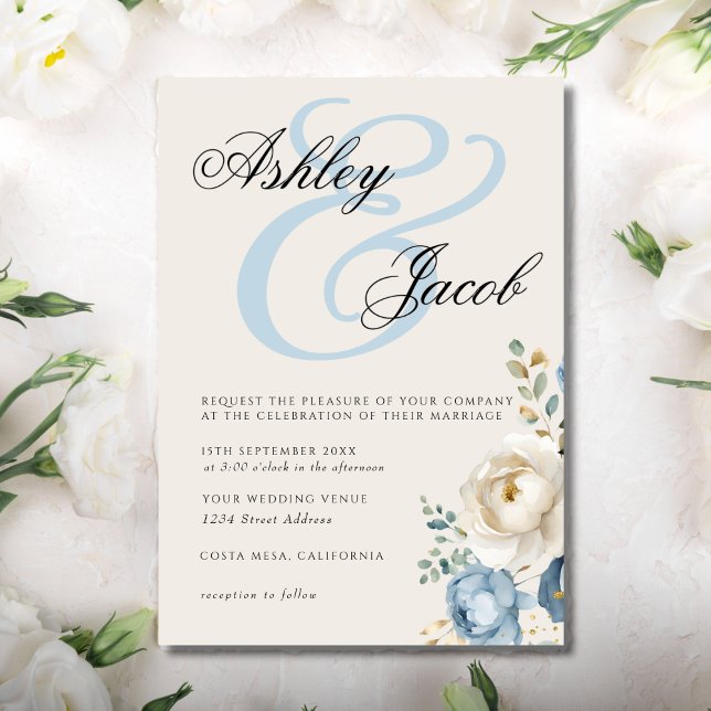 Elegant Blue and Cream Elegant Floral Wedding Invitation (Creator Uploaded)