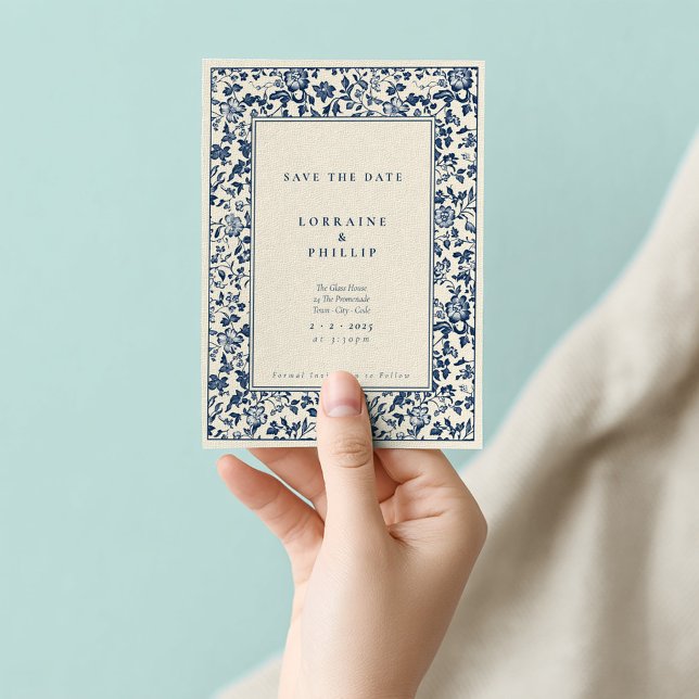 Elegant blue and cream floral vintage style save the date (Vintage delftware blue and cream border save the date card)