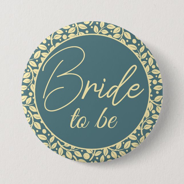 Elegant Blue and Cream Leaf Bride To Be Button (Front)