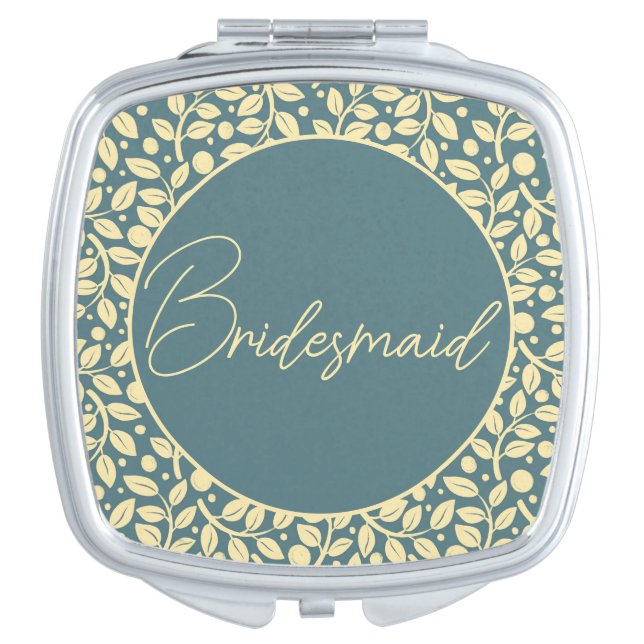 Elegant Blue and Cream Leaf Bridesmaid Compact Mirror (Front)