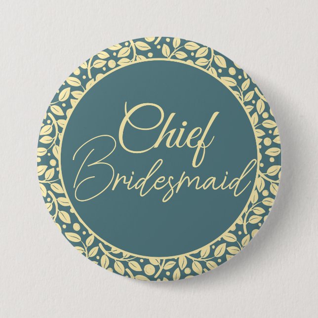 Elegant Blue and Cream Leaf Chief Bridesmaid Button (Front)