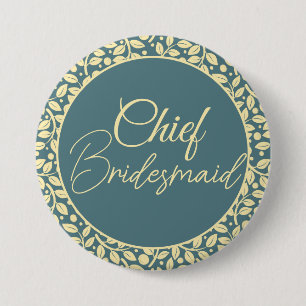 Elegant Blue and Cream Leaf Chief Bridesmaid Button