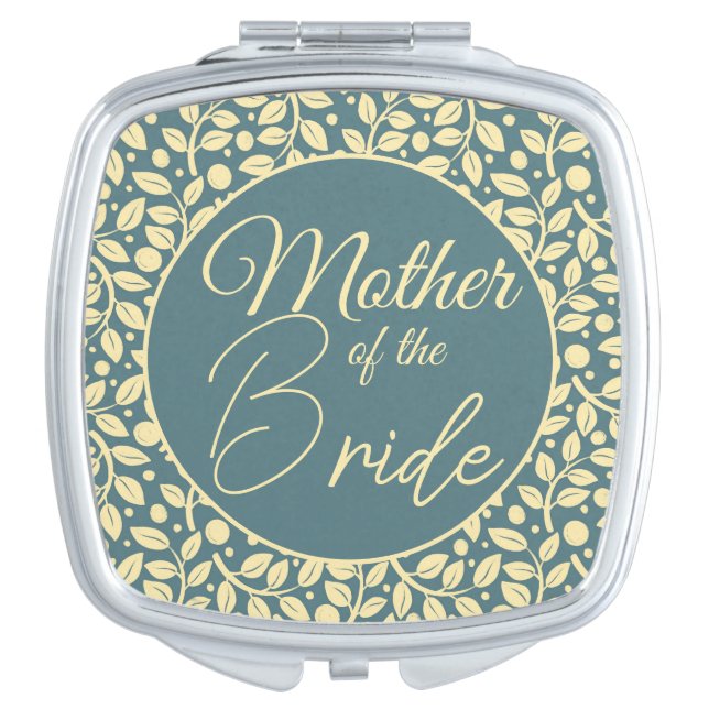 Elegant Blue and Cream Leaf Mother of the Bride Compact Mirror (Front)