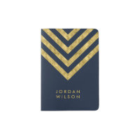 Elegant Blue and Faux Gold Chevron Name Passport Holder