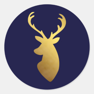 Elegant Blue and Faux Gold Foil Deer Head Classic Round Sticker
