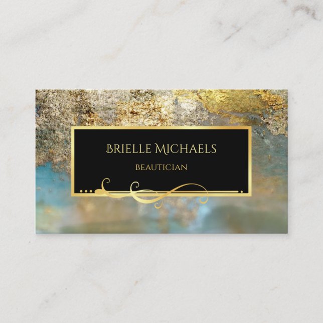 Elegant Blue and Gilded Gold Luxe Beautician Business Card (Front)