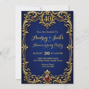 Elegant Blue and Gold 40th Anniversary Invitation