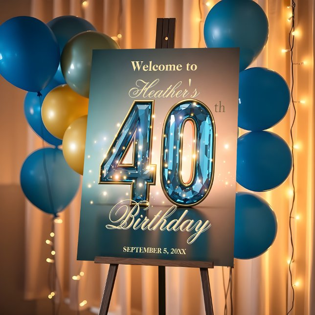 Elegant Blue and Gold 40th Birthday Welcome Foam Board (Creator Uploaded)