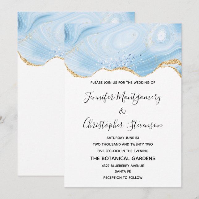 Elegant Blue and Gold Agate Background Wedding Invitation (Front/Back)