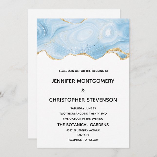 Elegant Blue and Gold Agate Background Wedding Invitation (Front/Back)