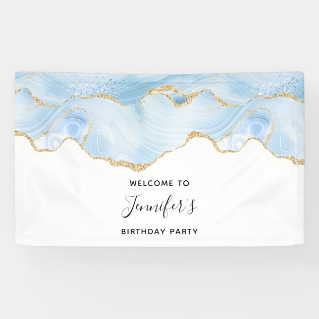 Elegant Blue and Gold Agate Border Birthday Banner (Horizontal)