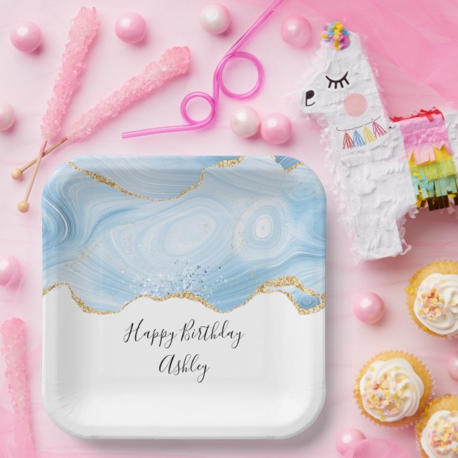  Elegant Blue and Gold Agate Border Birthday Paper Plates (Party)