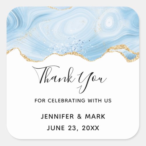 Elegant Blue and Gold Agate Border Thank You Square Sticker