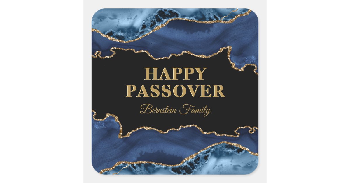 Elegant Blue and Gold Agate Hebrew Happy Passover Square Sticker | Zazzle