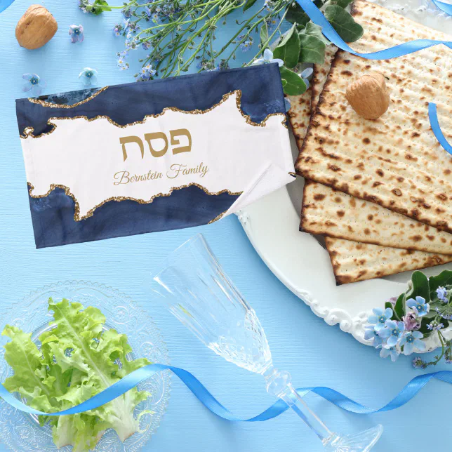 Elegant Blue and Gold Agate Hebrew Passover Hand Towel | Zazzle