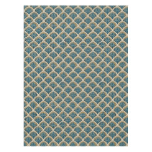 Elegant Blue and Gold Art Deco Fan Pattern Tablecl Tablecloth
