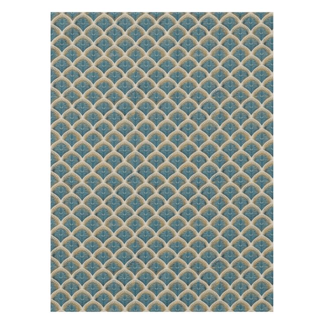 Elegant Blue and Gold Art Deco Fan Pattern Tablecl Tablecloth (Front)