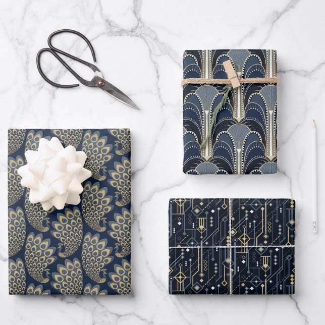 Elegant Blue and Gold Art Deco Pattern Wrapping Paper Sheets (Front)