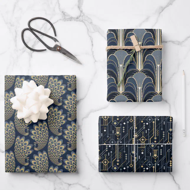 Elegant Blue and Gold Art Deco Pattern Wrapping Paper Sheets | Zazzle