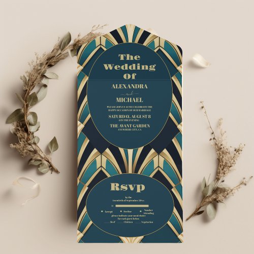 Elegant Blue and Gold Art Deco Wedding  All In One Invitation