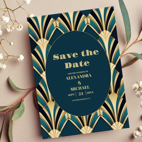 Elegant Blue and Gold Art Deco Wedding  Save The Date