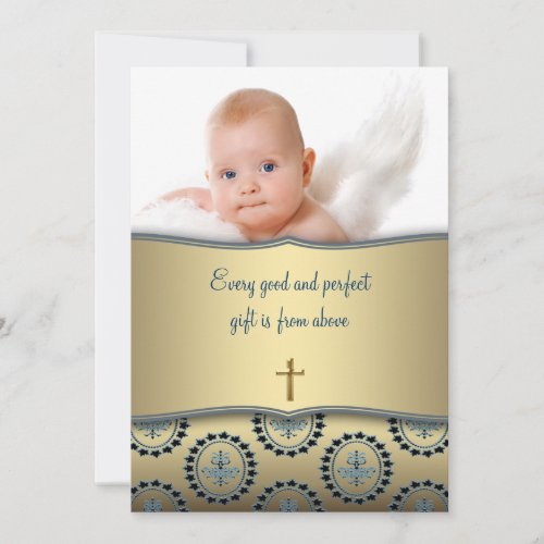 Elegant Blue and Gold Baby Boy Photo Christening Invitation