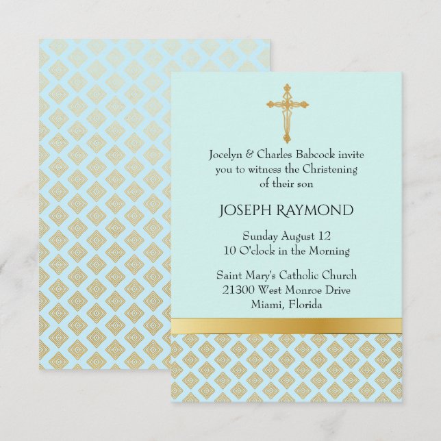 Elegant Blue and Gold Baby Christening Invitation (Front/Back)