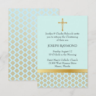 Elegant Blue and Gold Baby Christening Invitation