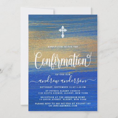 Elegant Blue And Gold Boy Confirmation Invitation