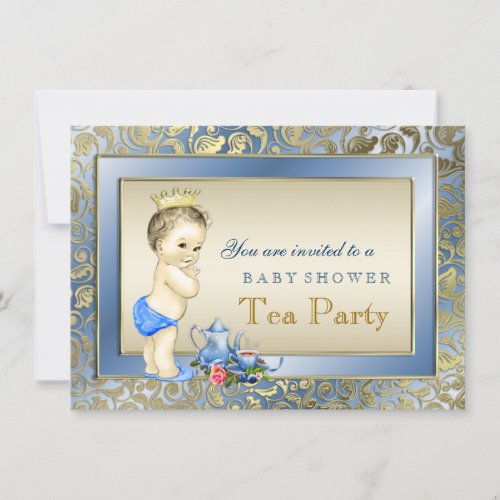 Elegant Blue and Gold Boys Tea Party Baby Shower Invitation