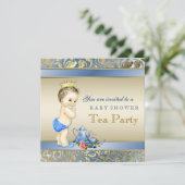 Elegant Blue and Gold Boys Tea Party Baby Shower Invitation (Standing Front)