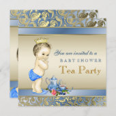 Elegant Blue and Gold Boys Tea Party Baby Shower Invitation (Front/Back)