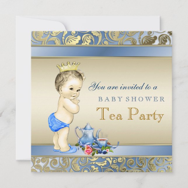 Elegant Blue and Gold Boys Tea Party Baby Shower Invitation (Front)