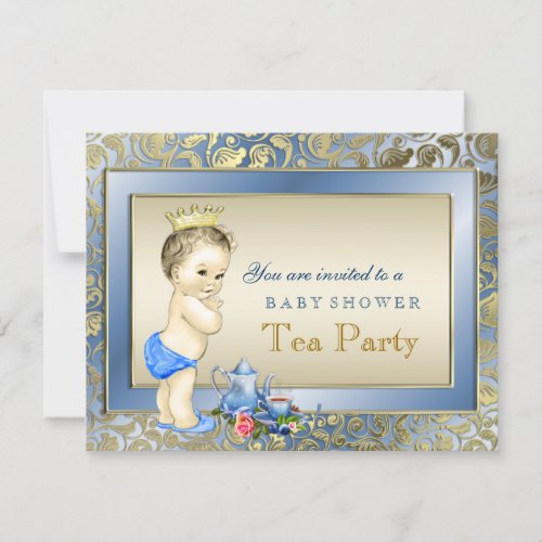 Elegant Blue and Gold Boys Tea Party Baby Shower Invitation