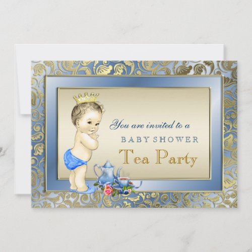 Elegant Blue and Gold Boys Tea Party Baby Shower Invitation