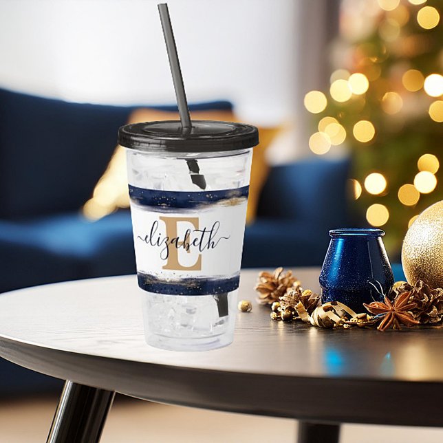 Elegant blue and gold brushstrokes personalized  acrylic tumbler (Creator Uploaded)