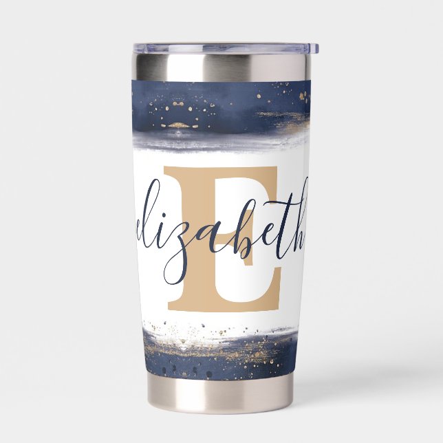 Elegant blue and gold brushstrokes personalized insulated tumbler (Left)
