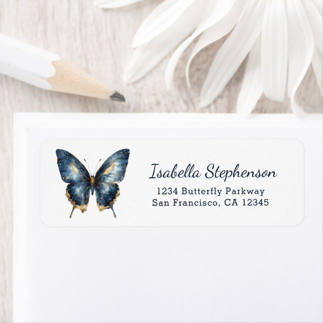 Elegant Blue and Gold Butterfly Return Address Label (Insitu)