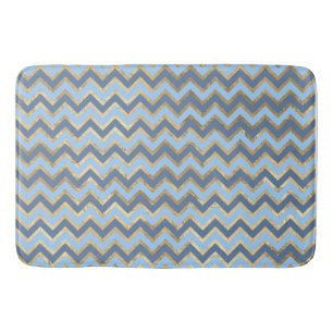 Elegant Blue and Gold Chevron Pattern Bath Mat